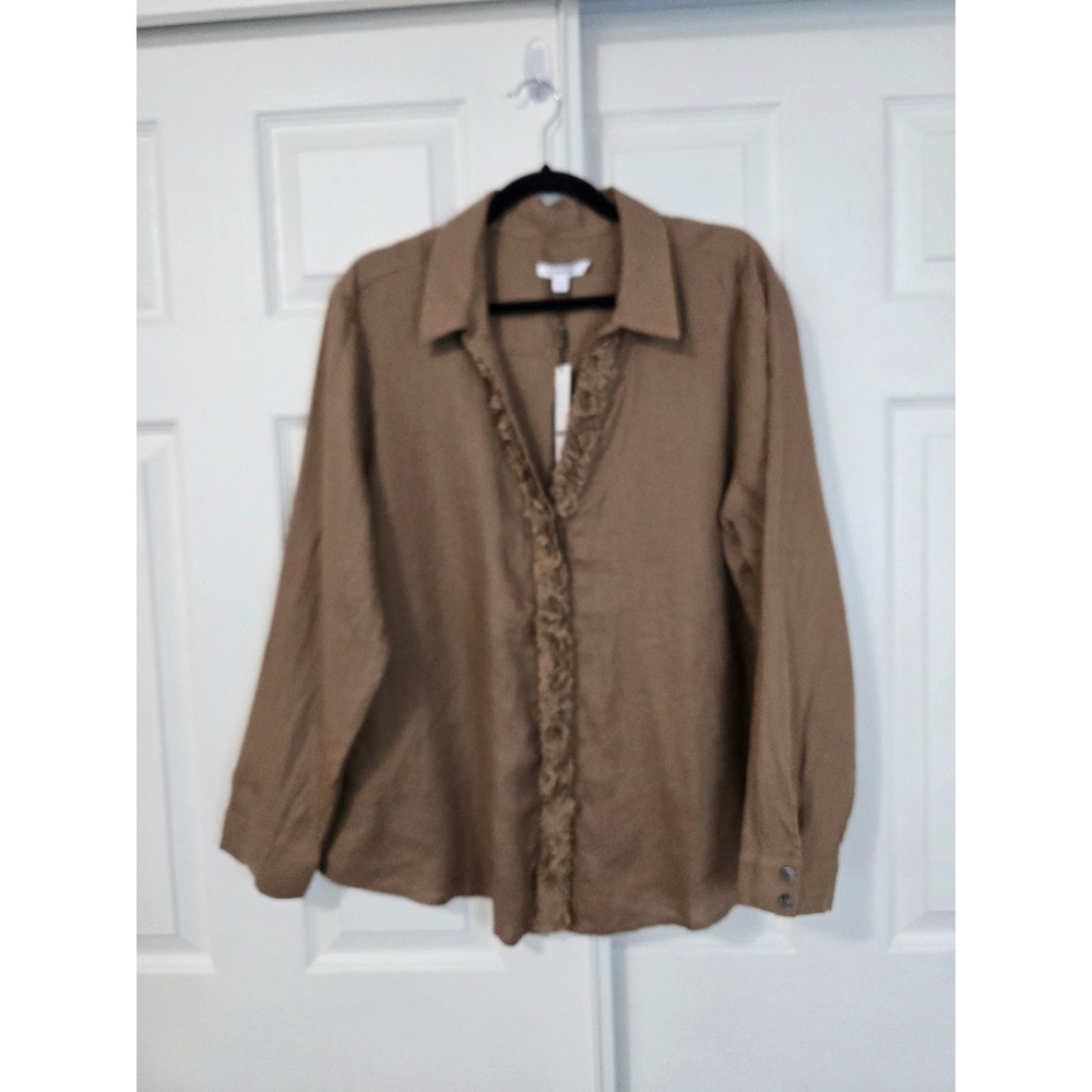 Chicos 3 100% Linen Tunic Teakwood Brown Ruffle Trim Size 3 XL NWT